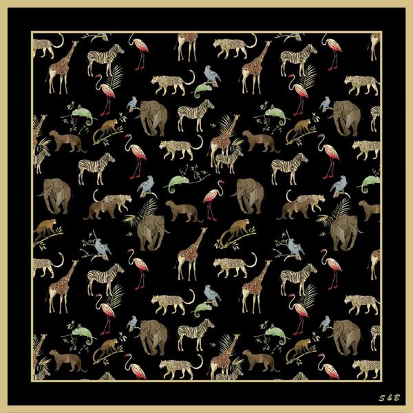 Noir Safari Wool Silk Scarf – Animal Motif Wrap, Hand-Rolled Hem, Winter Gift