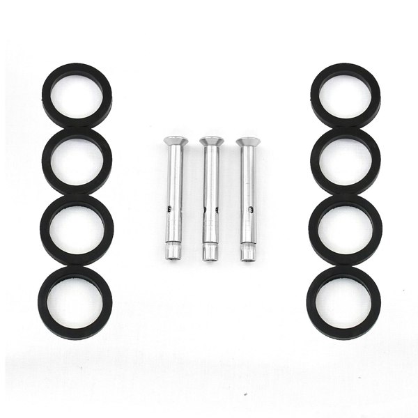 Stainless steel balustrade end post components including black rubber rings and silver screws, designed for secure installation