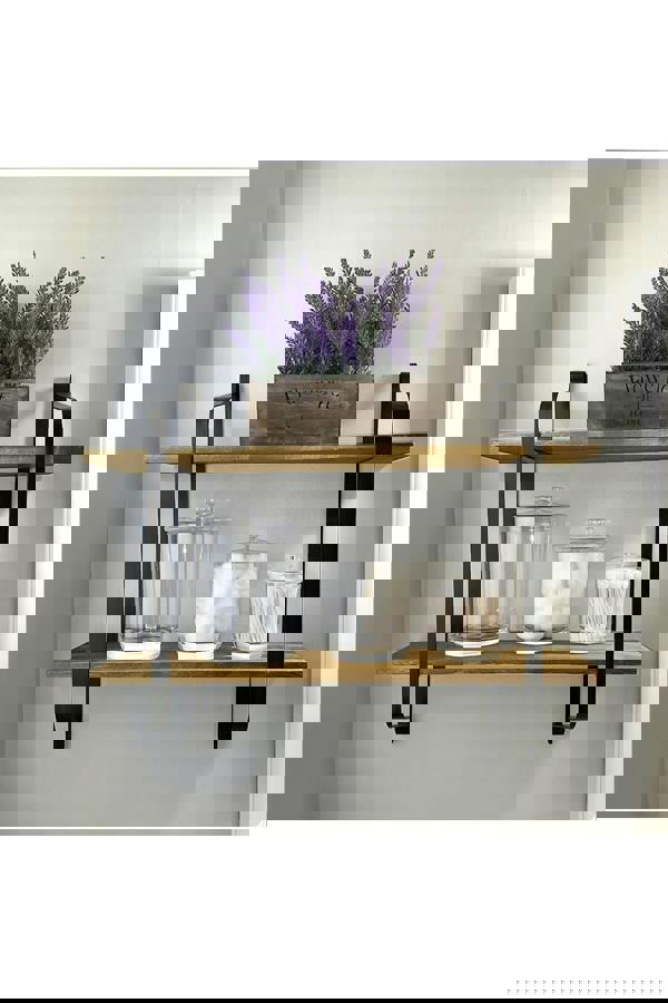 Living and Home 2 Tiers Wall Mounted Industrial Style Classic Metal Wire Tidy Wooden Decor Floating Shelf Display Rack Organizer