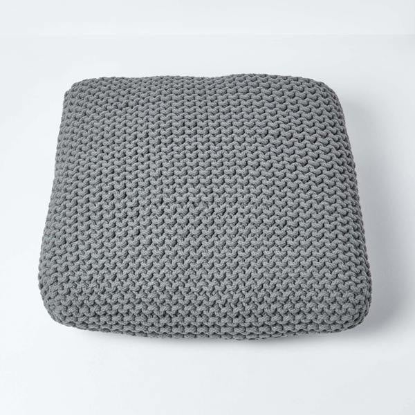 HOMESCAPES Square Cotton Knitted Pouffe Floor Cushion