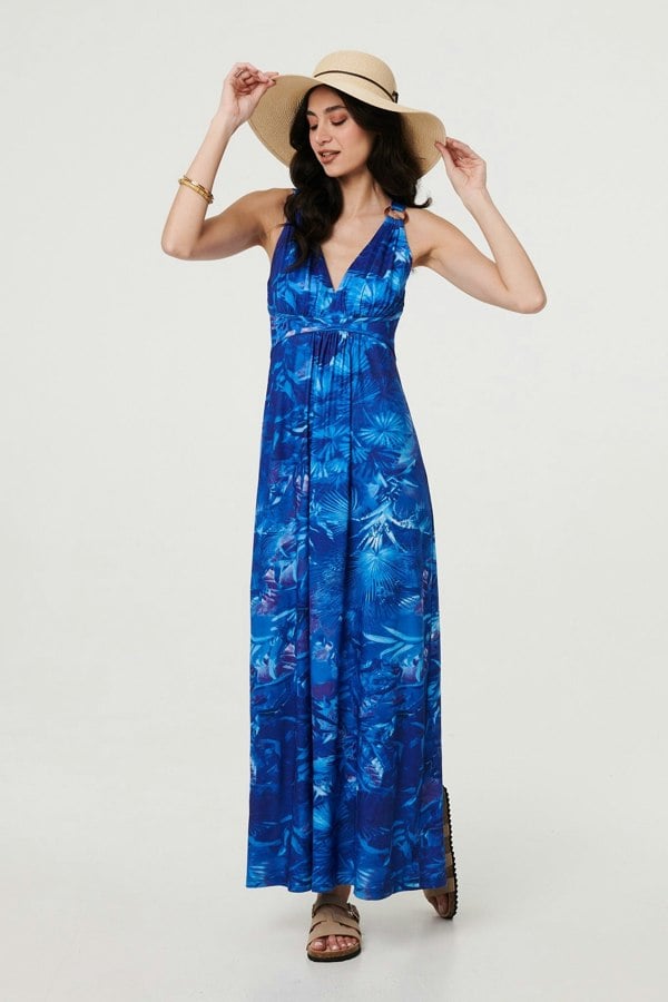 Blue | Tropical Print Strap Empire Maxi Dress
