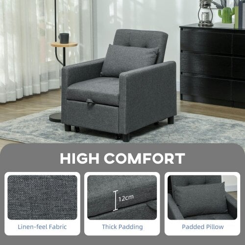 Wyld Haus Loco Suro Dark Grey 3 In One Convertible Chair Bed With Adjustable Back Cushion And Footrest