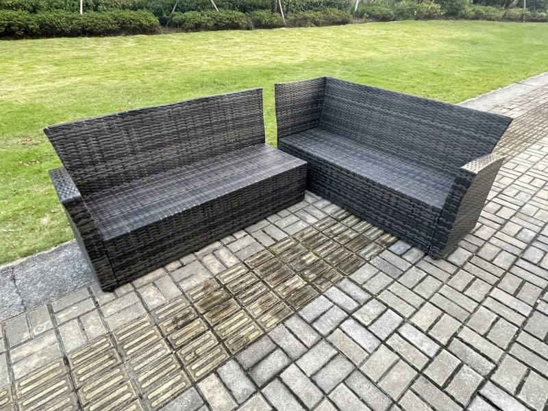 Fimous 10-Seater Dark Grey Rattan High Back Corner Sofa Set | Rectangular Coffee Table, 2 Armchairs, 2 Large Footstools