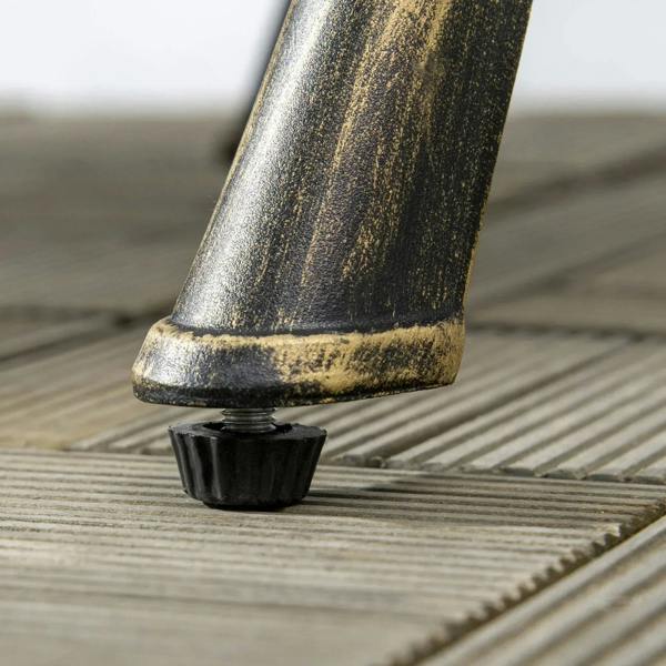 Bronze cast aluminum bistro table leg with protective foot on outdoor decking