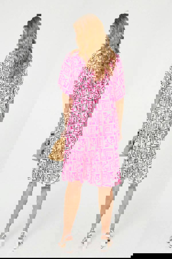 Pink | Printed Tassel Neck Knee Length Dress