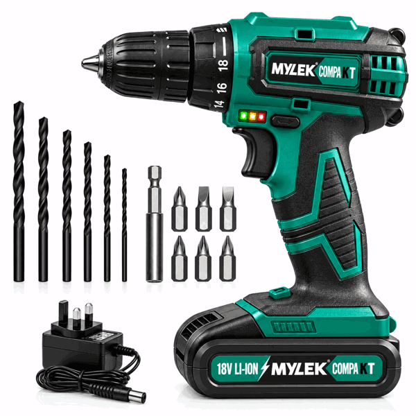 MYLEK 18V Cordless Li-ion Drill And Screwdriver Set With 13 Piece Accessory Kit