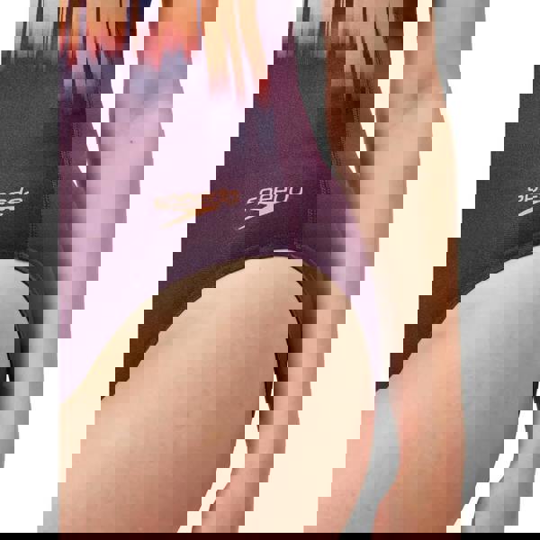 Purple Speedo digital placement medalist swimsuit with cityscape