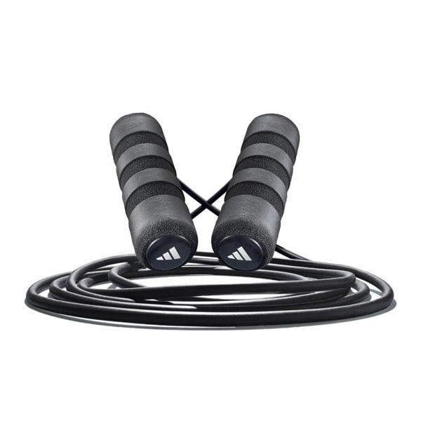 Black speed rope with Adidas logo on a white background