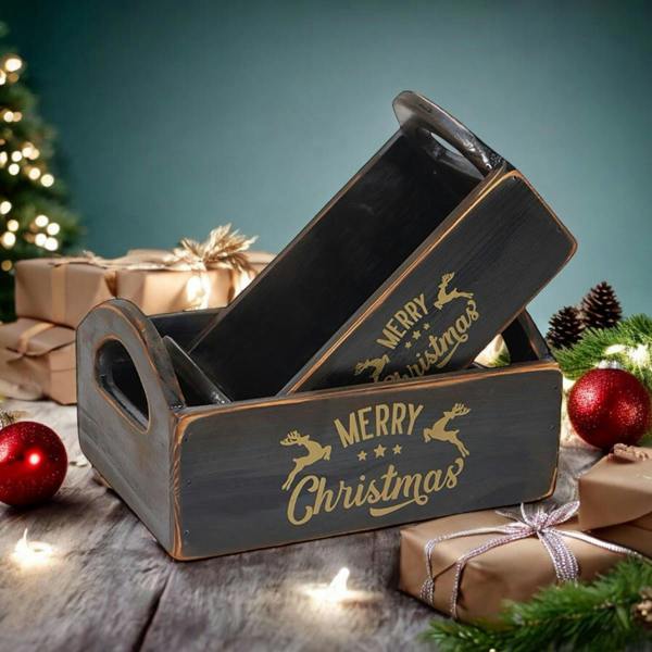 SET 2 BLACK WOODEN CRATES