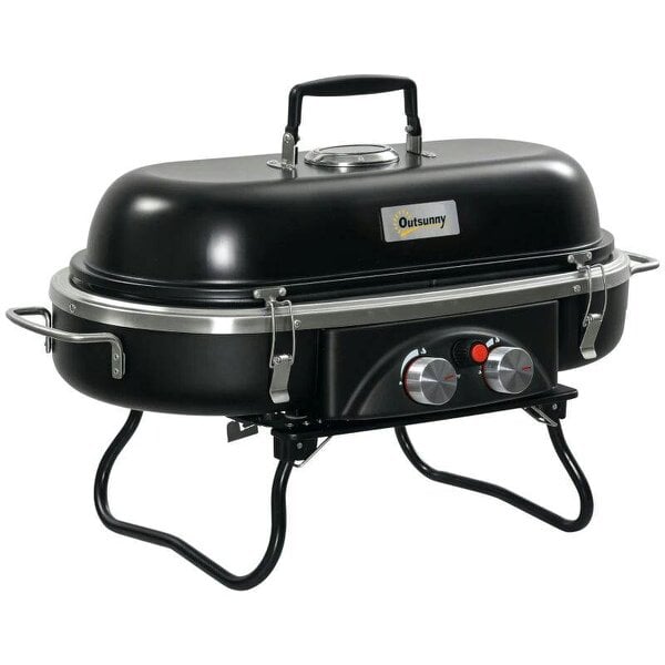 Bobobiy Foldable Gas BBQ Grill 2 Burner Table Top Barbecue with Lid Piezo Ignition Thermometer for Camping Picnic Cooking, Aluminium Alloy