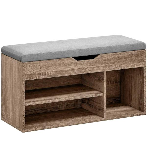 Grey padded seat shoe cabinet bench with open shoe shelves and hidden storage