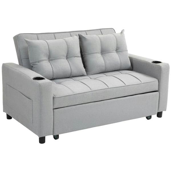 Light grey two-seater sofa bed with tufted back cushions and armrests, pull-out style