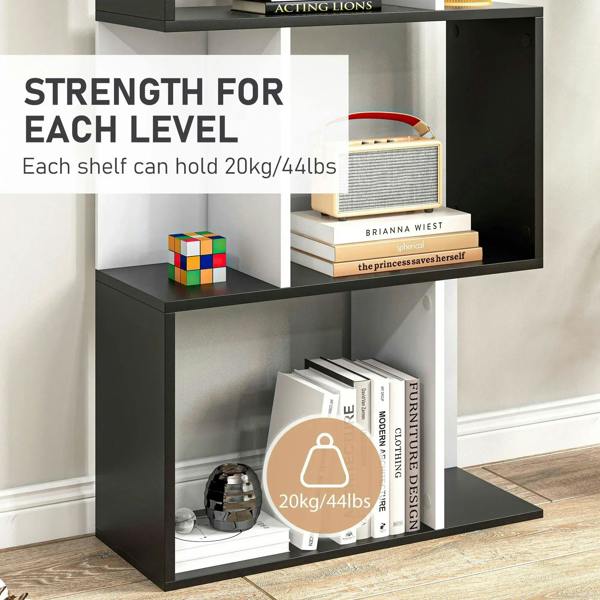 Black and white shelf unit showing sturdy open tiers for books and storage items