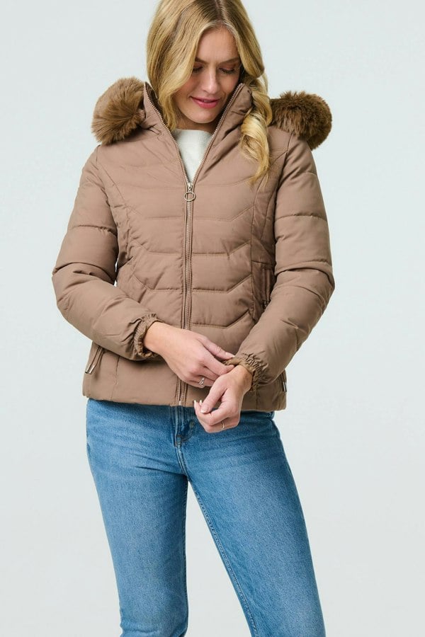 Brown | Faux Fur Hooded Zip-Up Puffer Jacket
