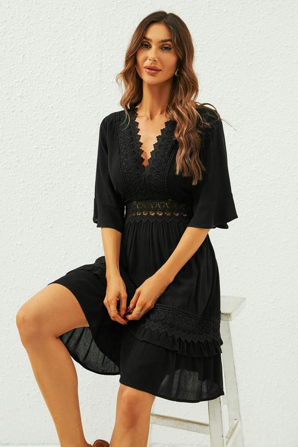 FS Collection V Neck Lace Mini Dress In Black