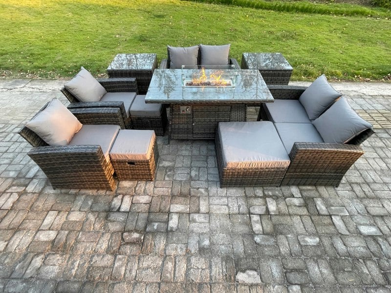 Fimous 10-Piece Outdoor Rattan Sofa Dining Set | Gas Fire Pit Table, 3 Footstools, 2 Side Tables - Dark Grey