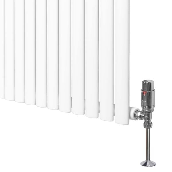 Oval single column radiator in white, measuring 1600mm x 240mm, featuring sleek vertical fins and a polished valve for modern heating solutions