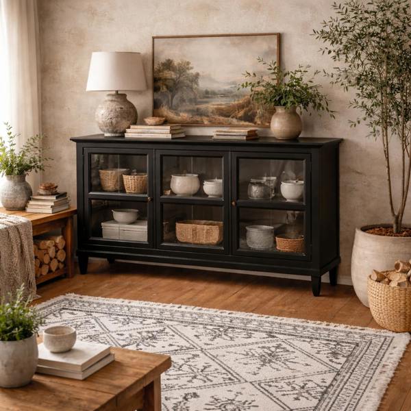 Wyld Haus Honley Black Wood 3 Glass Door Sideboard