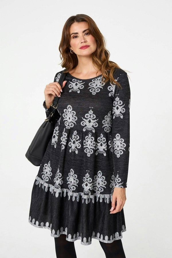 Grey | Printed Knee Length Long Sleeve Dress
