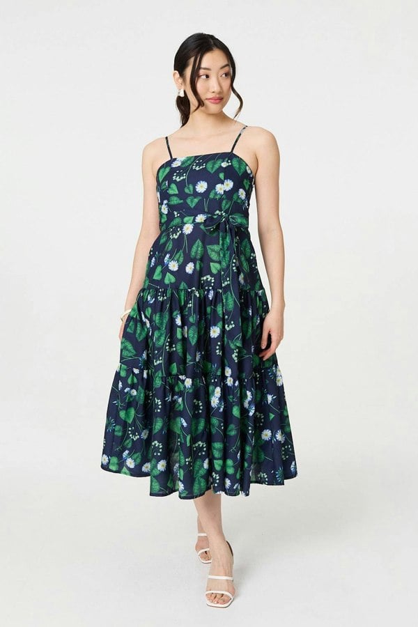 Green | Floral Sleeveless Tie Waist Midi Dress
