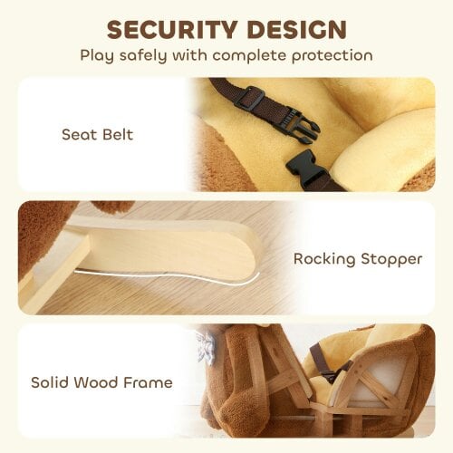 AIYAPLAY Cartoon Bear Wooden Rocking Horse Toy Musical Plush Seat Belt Brown