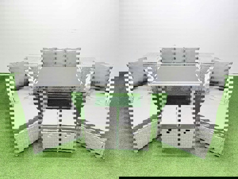 Fimous 9 Seater Patio Garden Furniture Sets with Black Glass Top Dining Table Love Sofa 2 Side Tables 4 Stools Light Grey