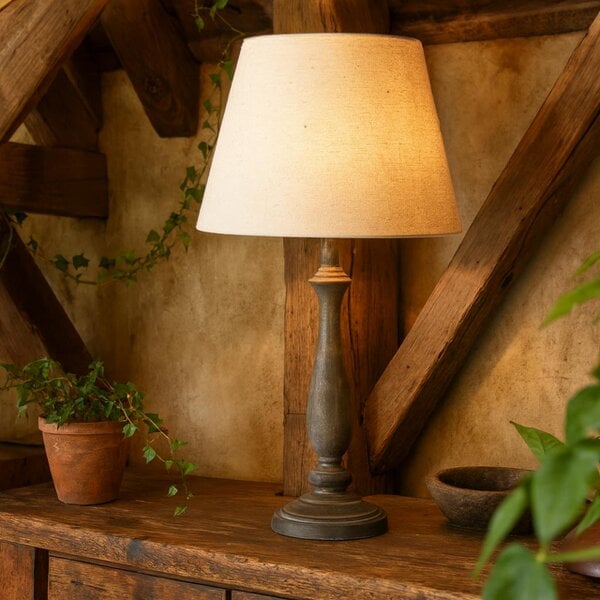 Wyld Haus Naples Farmhouse Rustic Grey Wooden Table Lamp with Cream Linen Shade