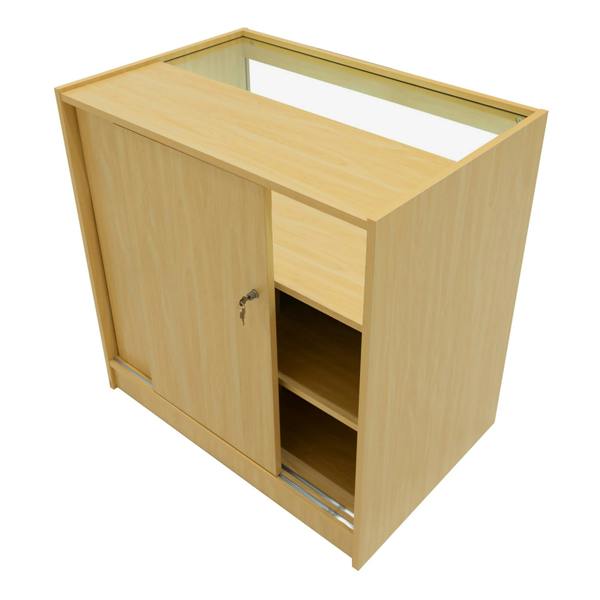 Luna LED Shop Counter Set in maple finish, featuring a sleek design with sliding doors, glass top, and spacious interior shelves