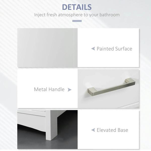White bathroom cabinet with metal bar handle and elevated base
