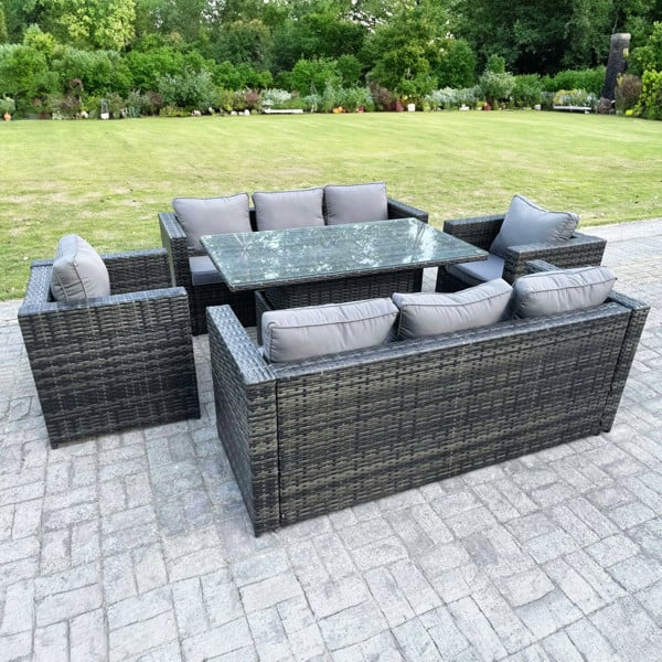 Fimous Outdoor 8-Seater Garden Rattan Sofa & Chairs Set with Adjustable Height Dining Table - Dark Grey