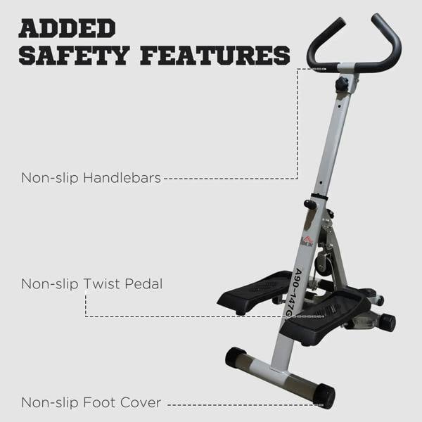 Grey stepper with non-slip handlebars, twist pedals, and foot cover
