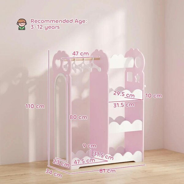 Kids Wardrobe, Children Dress Up Storage with Mirror, Clothes Rail, Shelves, Hangers for Girls Boys Bedroom Nursery Pink