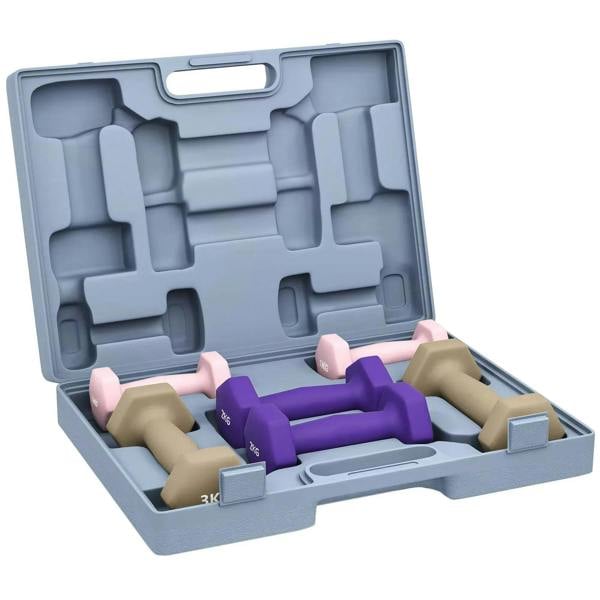 Hex dumbbells set in carry case, purple and tan with pink accents, 1–3 kg weights