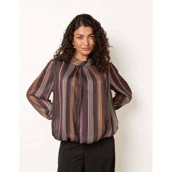 Blue Vanilla Metallic Vertical Multi Stripe Cowl Neck Blouse