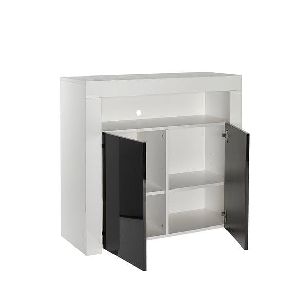 MMT Furniture Designs Modern White/Black Matt Gloss Buffet Sideboard Cabinet with LED Lights