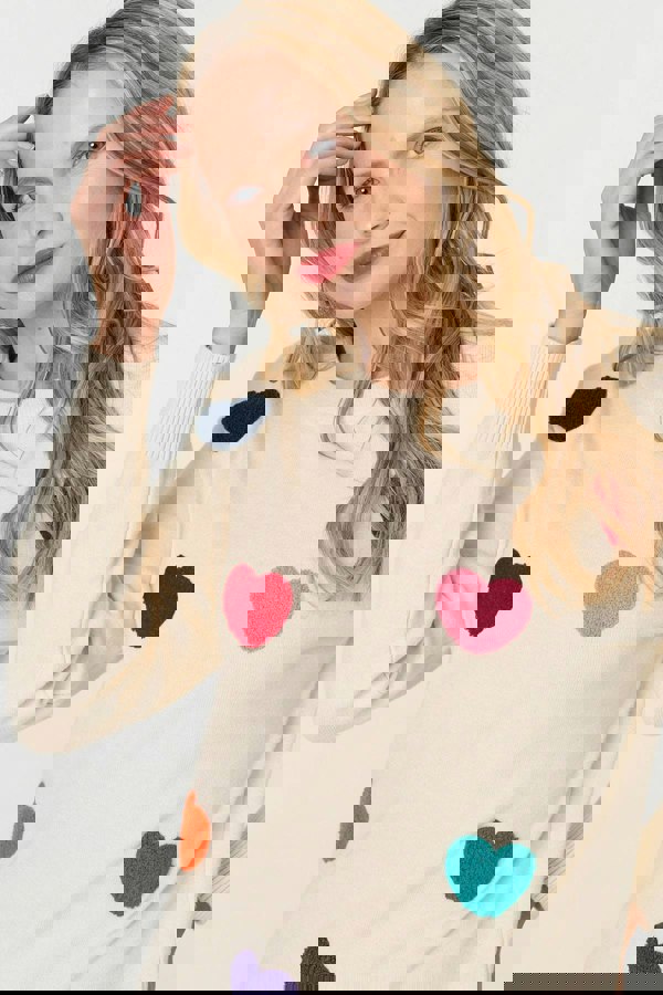 Beige | Heart Embellished Batwing Sleeve Jumper
