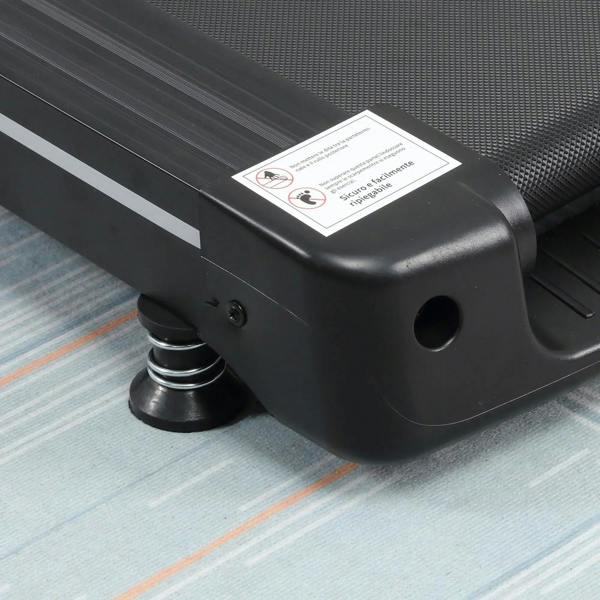 Black treadmill base with spring shock leg and textured deck corner detail