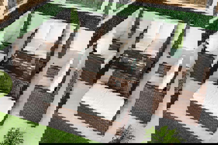 Giardino Sydney Loveseat Sofa Rattan Garden Furniture Outdoor Lounge Set with Arm Chairs, Fire Pit Coffee Table & Bench