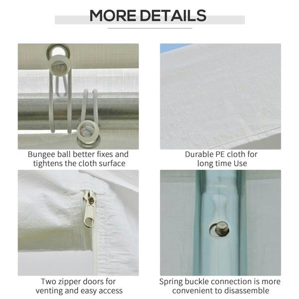 White gazebo cover with zipper door openings, bungee ties, and spring buckle connectors