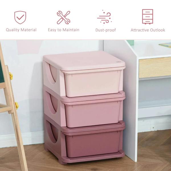 Pink 3-tier plastic storage unit with three lidded bins and curved drawer handles