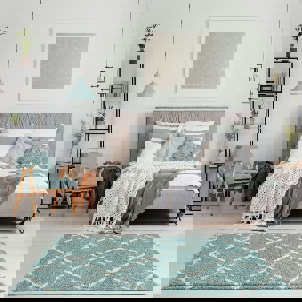 Diamond Design Thick Shaggy Area Rugs Duck Egg Blue