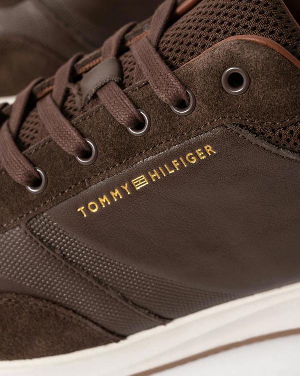 close up view of Tommy Hilfiger TH Dressy Mens Suede Mix Trainers in Cocoa