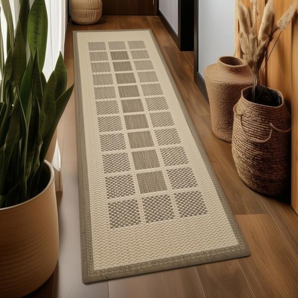 Viva Rugs Non-Slip Beige Brown Rug Geometric Border Design Flat Weave Kitchen Dining Room Living Room Area Mat