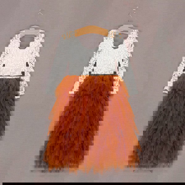 Burnt Orange tulle dress on hanger#