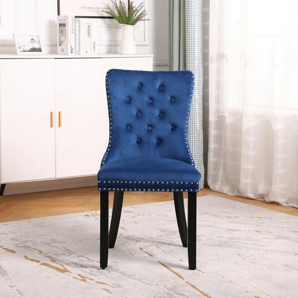 Neo Set Of Two Midnight Blue Studded Velvet Dining Chairs with Ring Knocker Detail