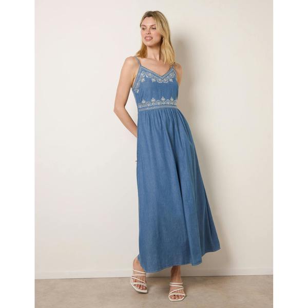 Blue Vanilla Floral Embroidery Adjustable Strap Maxi Dress