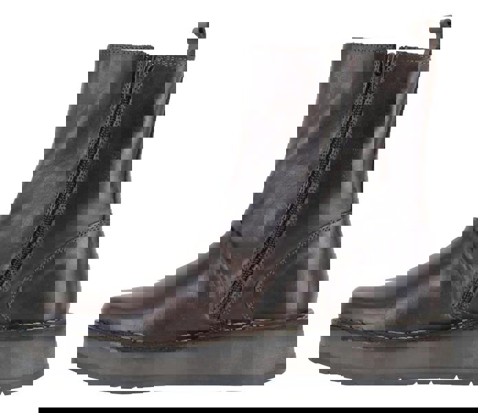 Fly London RENO Womens Side Zip Chelsea Dealer Mid Ankle Boots, dark brown leather ankle boots with side zipper and chunky sole.