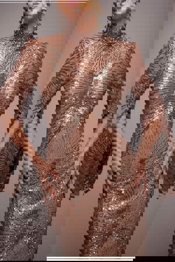 Sequin Starburst Cape Sleeve Midi Dress - Champagne DR4799