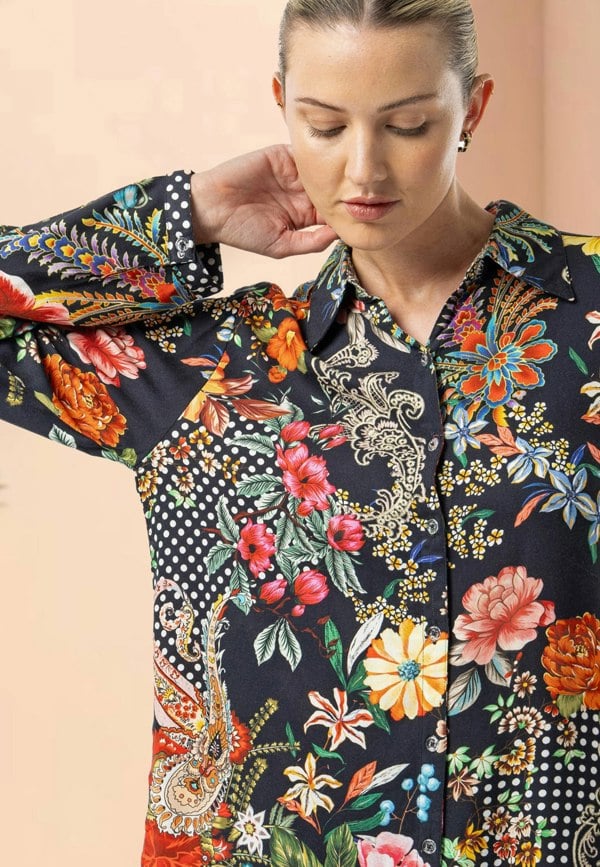 ANGELEYE Deluxe Luxurious Viscose Twill Black Shirt in Premium Floral Print