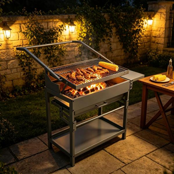 Gr8 Garden XL Stainless Steel Charcoal BBQ Grill with Side Shelf